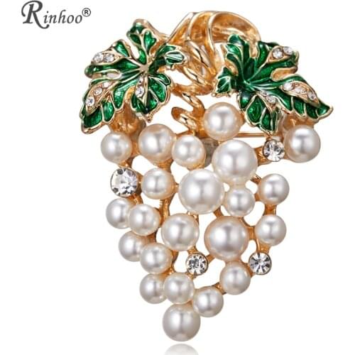 RINHOO Gold Color Full Simulated Pearl Grape Leaf Brooch Pins for Women Jewelry Wedding Decorating Mother Valentines Day Gift