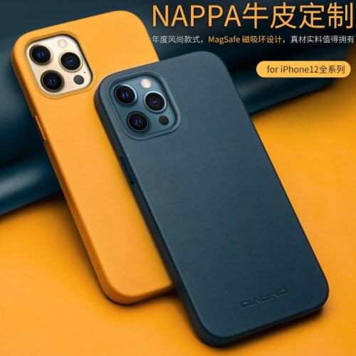 2021 Qialino Luxury Genuine Leather Back Cover For iPhone 12 Pro Max 12 Mini Business Magnetic Cowhide Phone Case Metal Button