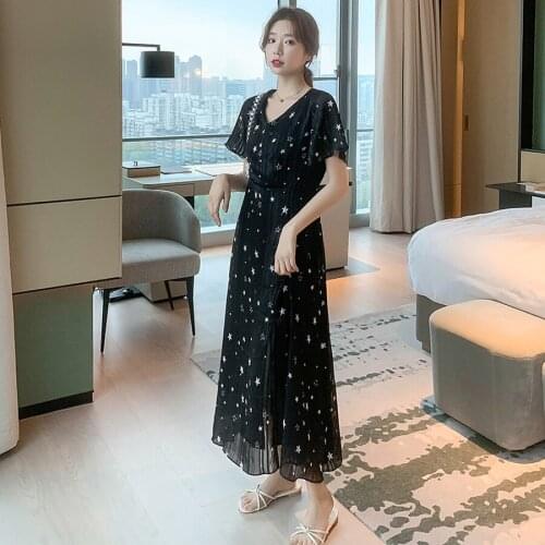 2021 Vintage Black Star Print Chiffon Midi Dresses Spring Summer Plus Size Runway Maxi Dress Elegant Women Bodycon Party Vestido