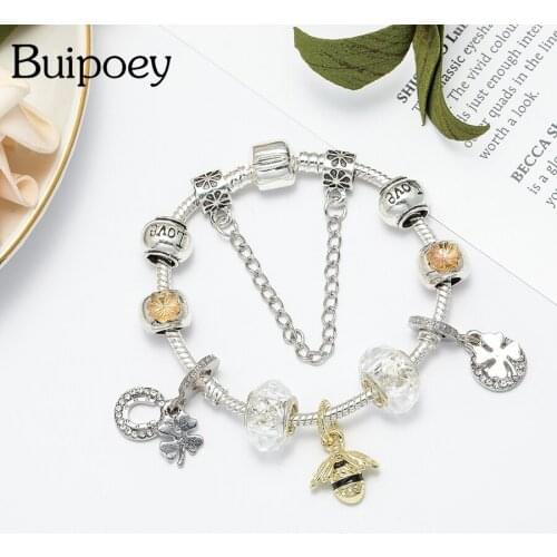 Buipoey Golden Bee Lucky Pendant Silver Color LOVE Crystal Beaded Charm Bracelets For Women Original Snake Chain Fashion Jewelry