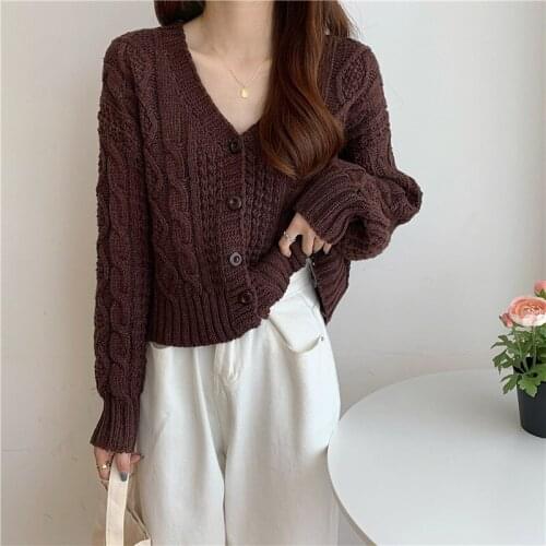 2021 Autumn New Korean Style Linen Pattern Knitted Jacket Female V-neck College Style Loose Short Sweater Cardigan