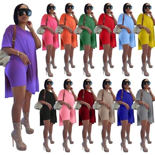 Sexy Long Top 2 Pieces Plus Size Shorts Sets Women Side Split Short Sleeve V Neck T-shirt + Biker Shorts Summer Tracksuit XS-5XL