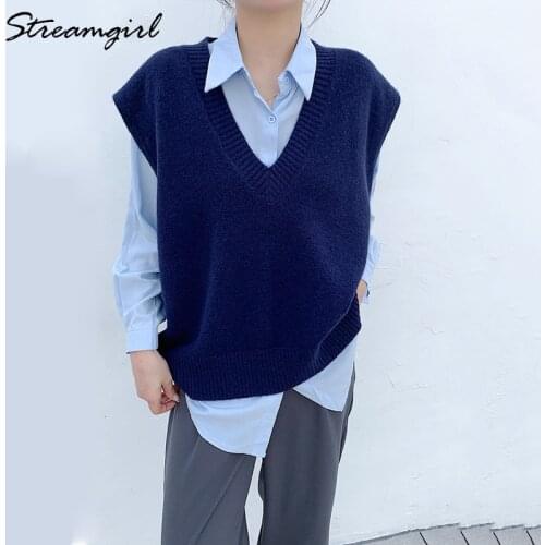 Streamgirl Womens Vest Female Loose Spring Sleeveless Pullovers Short Solid Blue V-Neck Sleeveless Knit Vest Women Sweaters