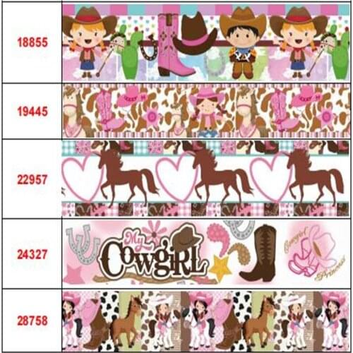 16mm 22mm 25mm 38mm Cartoon Cowgirl &Cowboy Printed Grosgrain Ribbon/ Elastic Band For Handmade Bow 50Yards