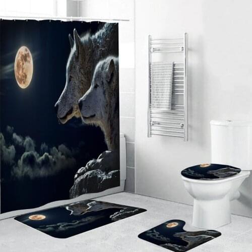 4PCS/Set Wolf Shower Curtain Bath Curtain Waterproof Polyester