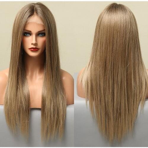Long Silky Straight Lace Front Wigs for Black Women Ombre Brown Blonde Lace Synthetic Wigs Natural Daily Heat Resistant Fiber