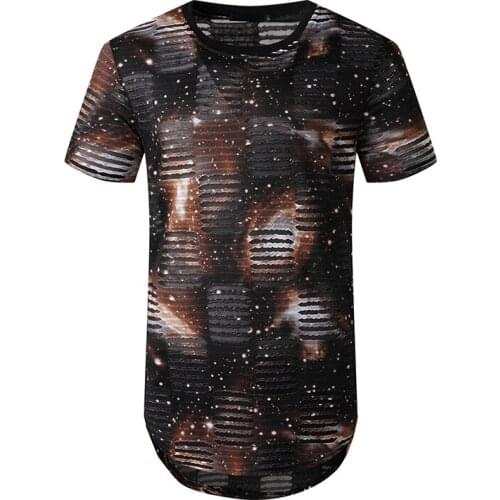 Extra Long Ripped Hole T Shirt Men Hipster Slim Fit Short Sleeve Tee Shirt Homme Streetwear Hip Hop Men Clothing Tshirt Men XXL