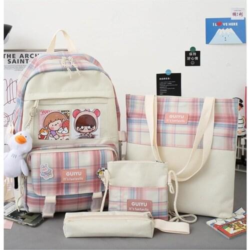 4Pcs/Set Canvas Lovely Plaid Backpacks Women for Teenage Girls Bookbags Middle School College Students Travel High Quality Bag