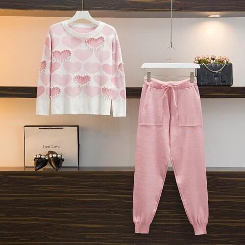 JSXDHK Plus SIze L-4XL Autumn 2 Piece Pants Set Women Love Beading Print Knitted Sweater + High Waist Pocket Harem Pants Suits