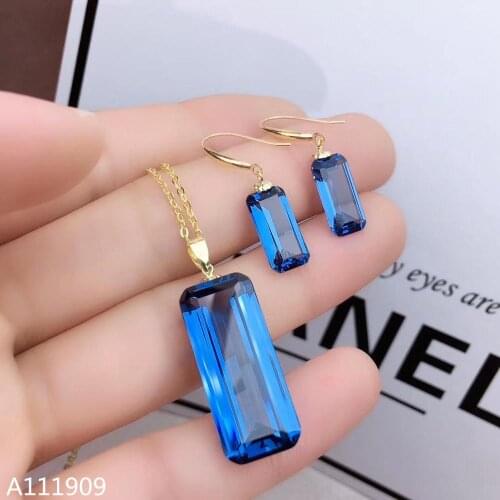 KJJEAXCMY boutique jewelry 18K gold inlaid Natural Blue topaz pendant ring Womens set support detection