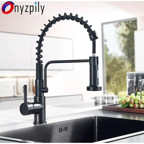 Matte Black Spring Kitchen Sink Faucet Pull Down Sprayer Nozzle Sink Faucet Deck Installation Hot Cold Water Mixer Tap