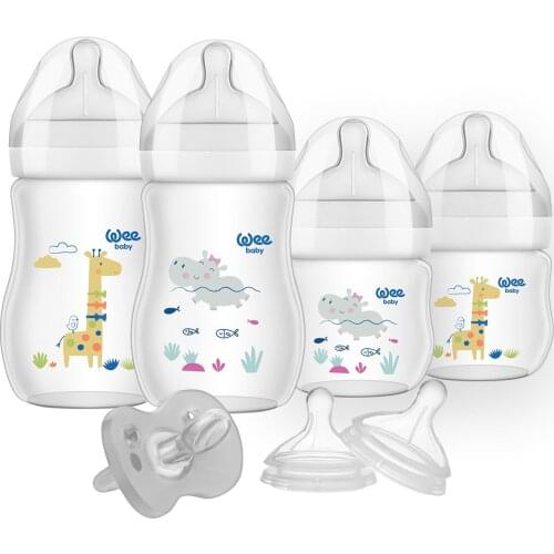 Wee Baby Natural New Born Starter Kit 2 PCs 125 ml - 2 PCs 250 ml Baby Bottle No1 2 PCs no2 PCs Replacement Spout 1 PCs Pacifier