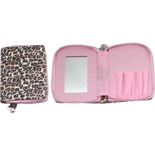 16*11.5cm Leopard Cheap Handbag Purse Women Girls Gift Cosmetic Make Up Brushes Bag And Case With 5 Brushes Holders And Mirror