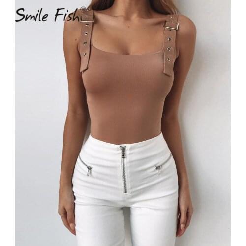 New Sumer Bodysuits Sexy Sleeveless Solid Women Rompers Bodysuit Skinny Metal Button Overalls Bodycon Club Body Top GV132