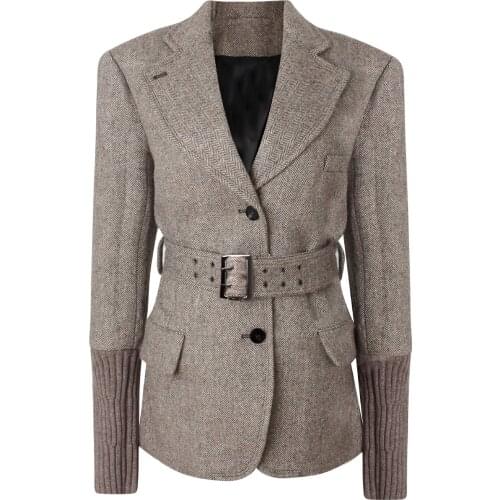 2021 winter new suit women fashion casual sleeves stitching belt suit collar single-breasted long-sleeved wool jacket