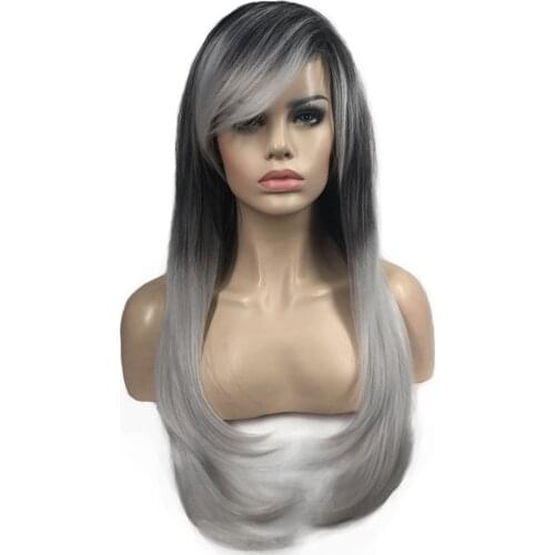 StrongBeauty Womens Synthetic Wigs Silver/Black Ombre Bob Long Straight Wig