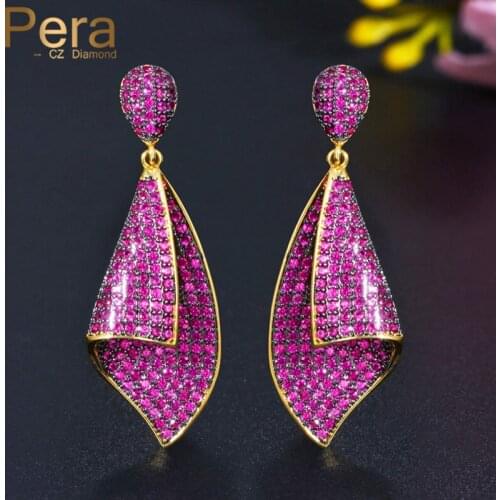 Pera Luxury Quality Rose Red CZ Zircon Elegant Conch Shape Dubai Gold Drop Earrings for Women Wedding Party 925 Jewlery E545