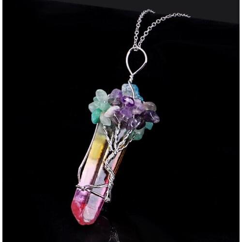 Reiki 7 Chakra Natural Crystal Stone Tree of Life Pendant Necklace for Women Men Handmade Wire Wrapped Rainbow Stone Necklaces