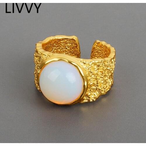 LIVVY Silver Color Lava Texture White Stone Rings For Women Open Adjustable Vintage Handmade Trendy Party Jewelry Gift
