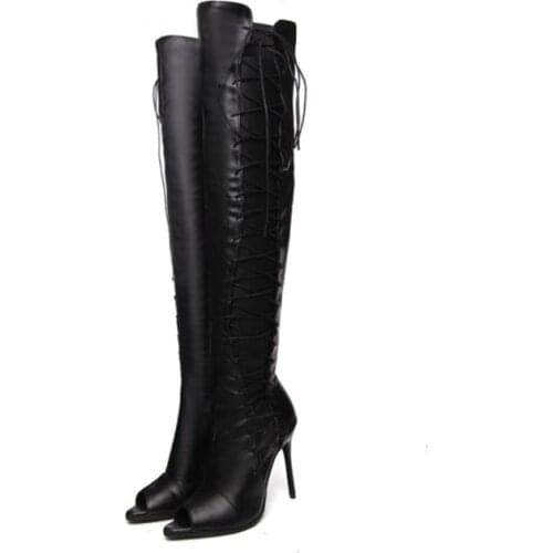 Spring Hollow Lace Up Thigh High Boots Peep Toe High Heel Stiletto Over The Knee Manufacturer Competitive Price Women Shoes