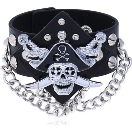 Punk Gothic Men Black Wide Leather Bracelet Cuff Metal Skull Pirate Chain Bangle Wristbands for Rock Women Biker Fashion Jewelry