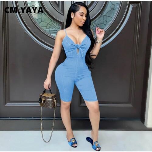 CM.YAYA Women Denim Playsuits Sleeveless Strap Bow V-neck Zipper Strechy Rompers Sexy Fashion One Piece Overall Outfit Summer