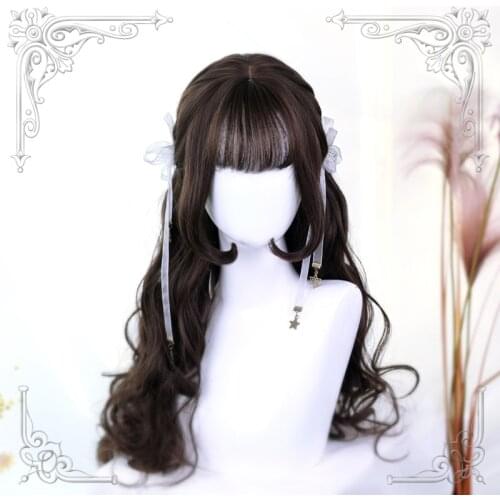 High Quality Lolita Black Tea Air Bangs Female Loveliness 70CM+ Long Curly Hair Wig Cosplay Party