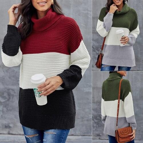Womens New Winter Turtleneck Long Sleeve Color Block Pullover Loose Knitted Fashion Casual Knitted Sweater