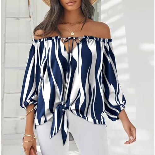 Striped Women Shirt Off Shoulder Bow Tie Half Sleeve Tops Tunic Blouse Slash Neck Blouses For Women Blusas De Mujer Y Camisas