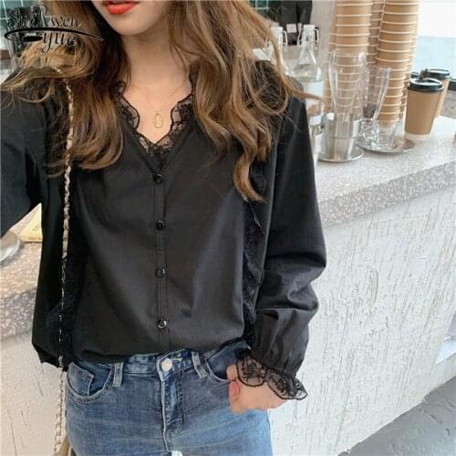 Women Cotton Shirts Casual Vintage V-neck Korean Elegant Women Tops Long Sleeve Lace Shirt Sexy with Lace Blouse Blusas 10913
