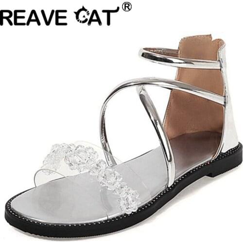 REAVE CAT New 2021 Women Sandals Open Toe Flat Slip-On Zip Bling Flower Stylish Transparent Big Size 30-44 Casual Date A3882