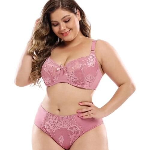 Bra and Panty Set Plus Size Female Lingeries Full Cup Unlined Ultra Thin Panty Floral Lace Women Bra Set 6 Colors C D DD E F