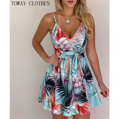 S-5XL Plus Size Women Summer Tropical Print Spaghetti Strap Casual Dress