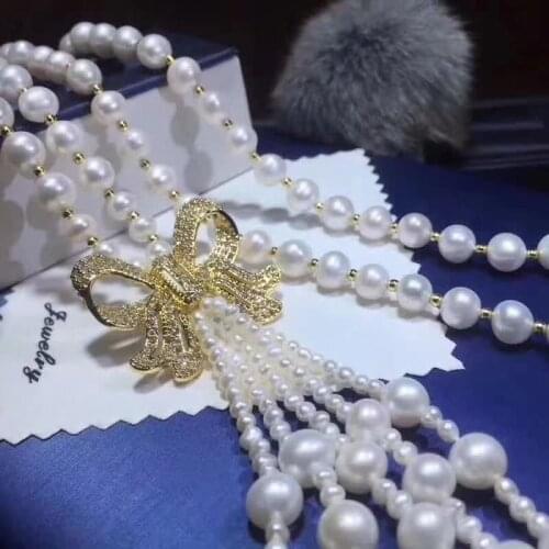 D909 Pearl Necklace Fine Jewelry Almost Round 3-8mm Nature Fresh Water White Pearls Sweater Chain Necklaces for Women Presents