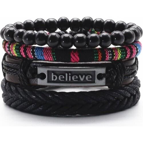 Believe Ethnic Multilayer Feather Cross Beads Rope Wrap Woven Rivet Leather Men Bracelets Women Fashion Bangle male Jewelry