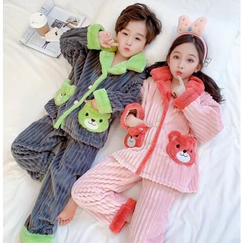 Childrens Pajamas Autumn And Winter Girls Nightgown Flannel Thickened Warm Toddler Boys' Home Wear 3-15Y Kids Clothes Sets