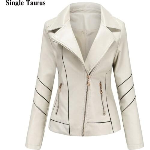 2020 Fall Winter Womans Zippers Learher Jacket England Style Streetwear White Autumn Jacket Coat Pu Faux Leather Jacket Women