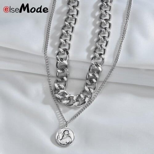 ELSEMODE Multilayers Rock Round Brand Old Man Head Pendant Necklace Stainless Steel Choker Collar Statement Jewelry