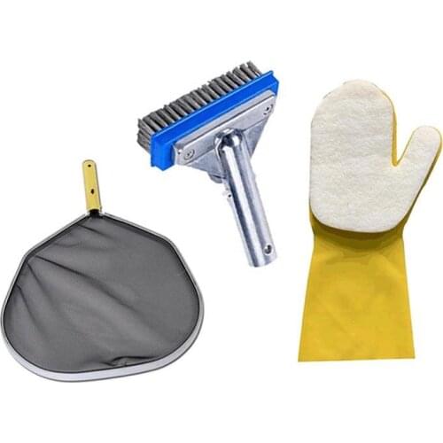 Pool Cleaning Kit Brush Head With Skimmer Net & Scrubbing Mitt Aluminum Alloy Reinforced Sponge Glove Set For Shallow Water