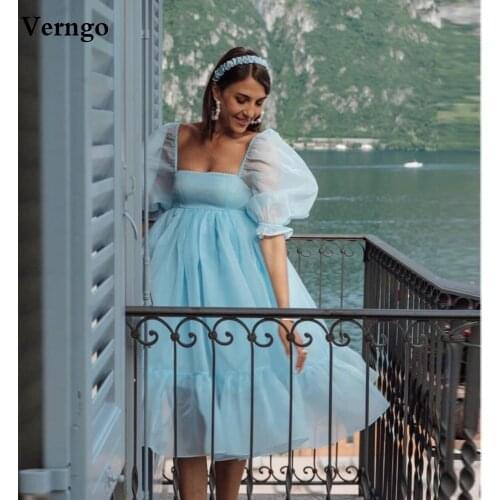 Verngo Light Sky Blue Organza Short Wedding Dress Puff Half Sleeves Country Garden Bridal Gowns Under Knee Length Party Dresses