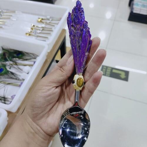 Natural Quartz Crystal Black Tourmaline Plated Peacock Blue Feather Crystal Tableware Spoon for the best home tableware decor