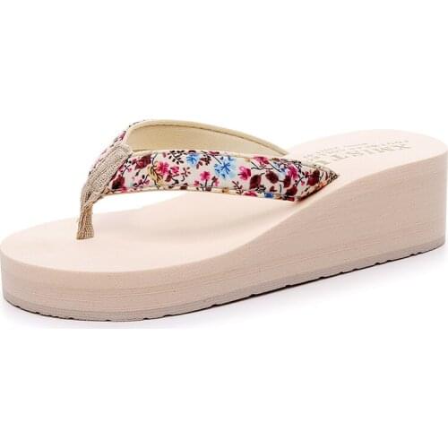 Jumpmore Summer Flip Flops New Sweet Small Floral Wedges Slippers 5cm Heel Non-slip Shoes Women Size 33-42