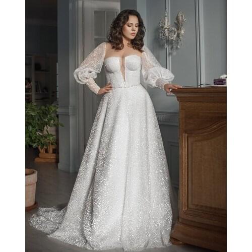 Hochzeitskleid Long Sleeve A-line Wedding Dress Shining Robe De Mariee Sexy Abito Da Sposa Scoop Neck Vestidos De Noiva