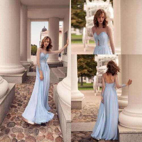 Light Blue Prom Dresses Sheer O Neck Tulle Long Sleeve Evening Gowns Backless Ankle Length Runway Fashion Dresses