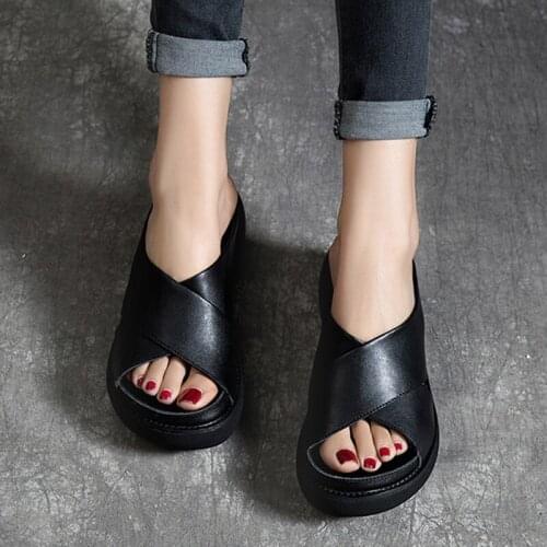 Comfy Soft Leather Platform Thick Heel Beach Sandal Slippers for Women BM88