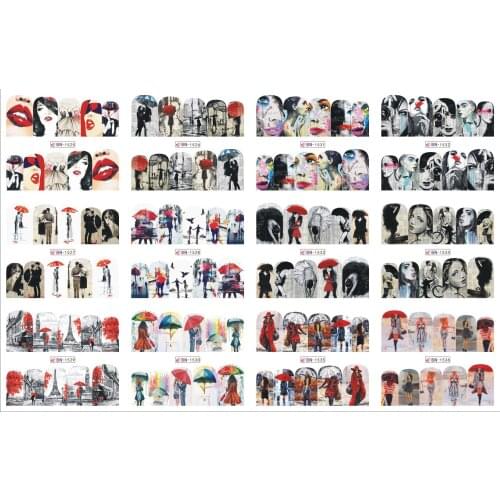 UPRETTEGO 12 PACK/ LOT WATER DECAL NAIL ART NAIL STICKER OIL PAINTING GIRL FACE WITH UMBRELLA BN1525-1536