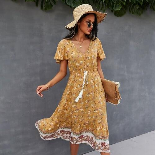 Yellow Floral Print Boho Dresses for Women Short Sleeve Chic Midi Dress 2021 Summer Bohemian V Neck Bandage Woman Dress Vestidos