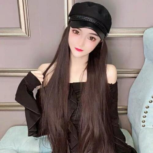 Women Long Wave Straight Wig Hairpiece Hair Extension with Peaked Cap Hat Multicolor Naturally Connect Hat Wig Adjustable
