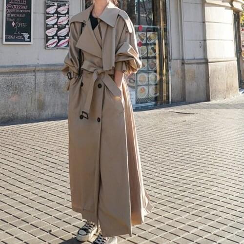 Spring Fall Womens Oversized X-Long Korean Style Loose Coat Double-Breasted Belted Lady Cloak Windbreaker Grey Outerwear Trench