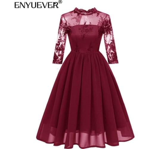 Enyuever Formal Dress Women Clothing Long Sleeve Mesh Hollow Out Swing Elegant Evening Party Chiffon Embroidered Dress Vestidos